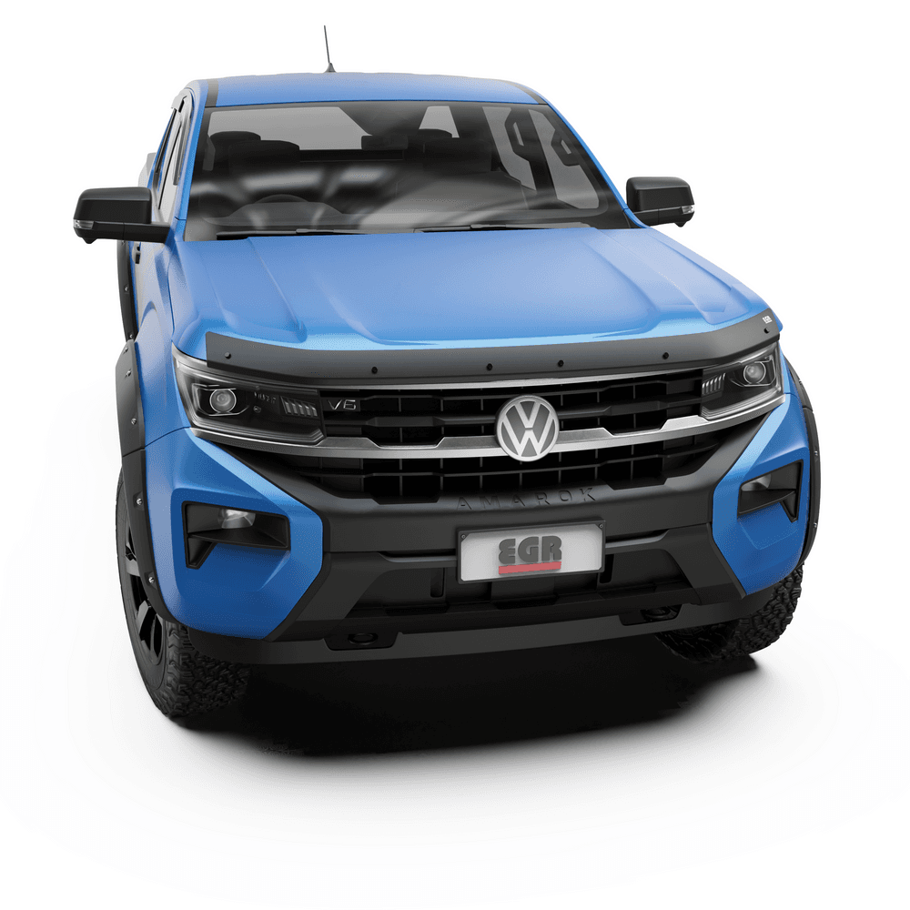 Front view of Volkswagen Amarok 2023-Onwards featuring EGR Bonnet Protector, designed to deflect stones and insects while preserving paintwork.