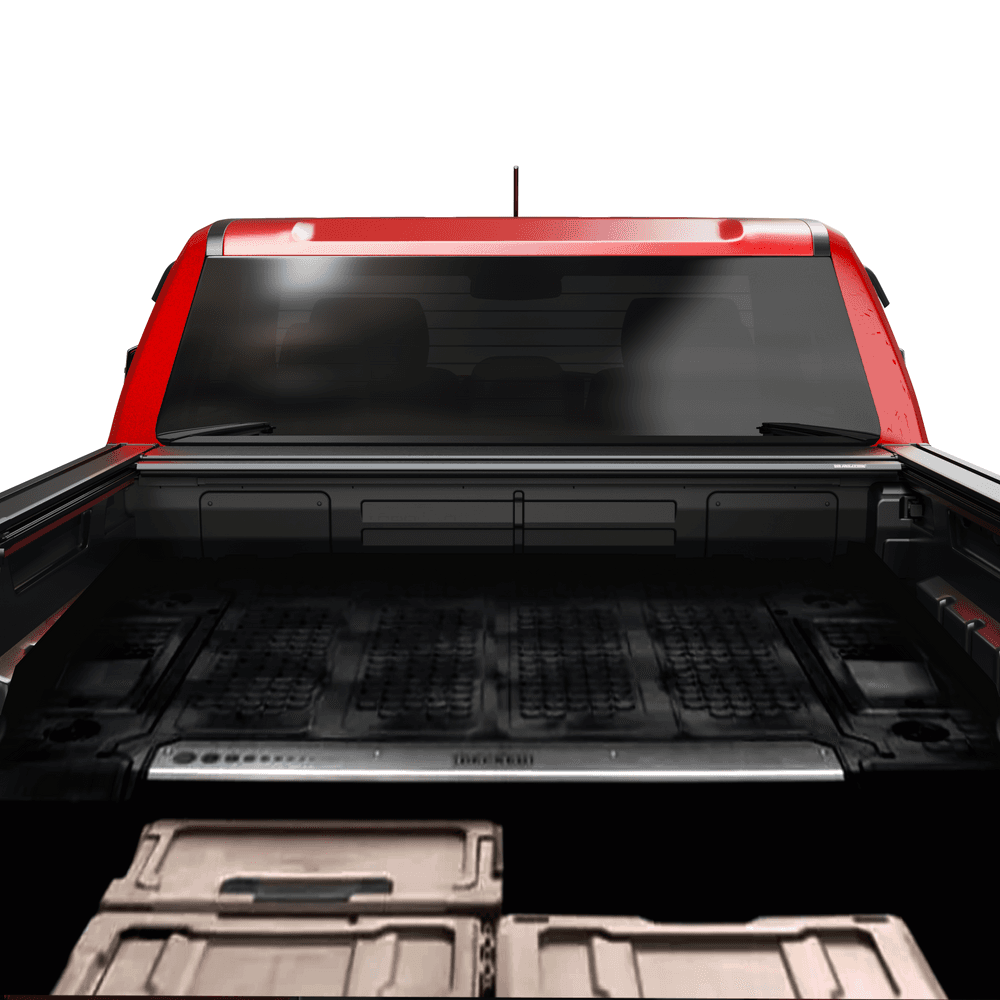 Mitsubishi Triton tub loaded with gear and the EGR RollTrac Electric Cover open.