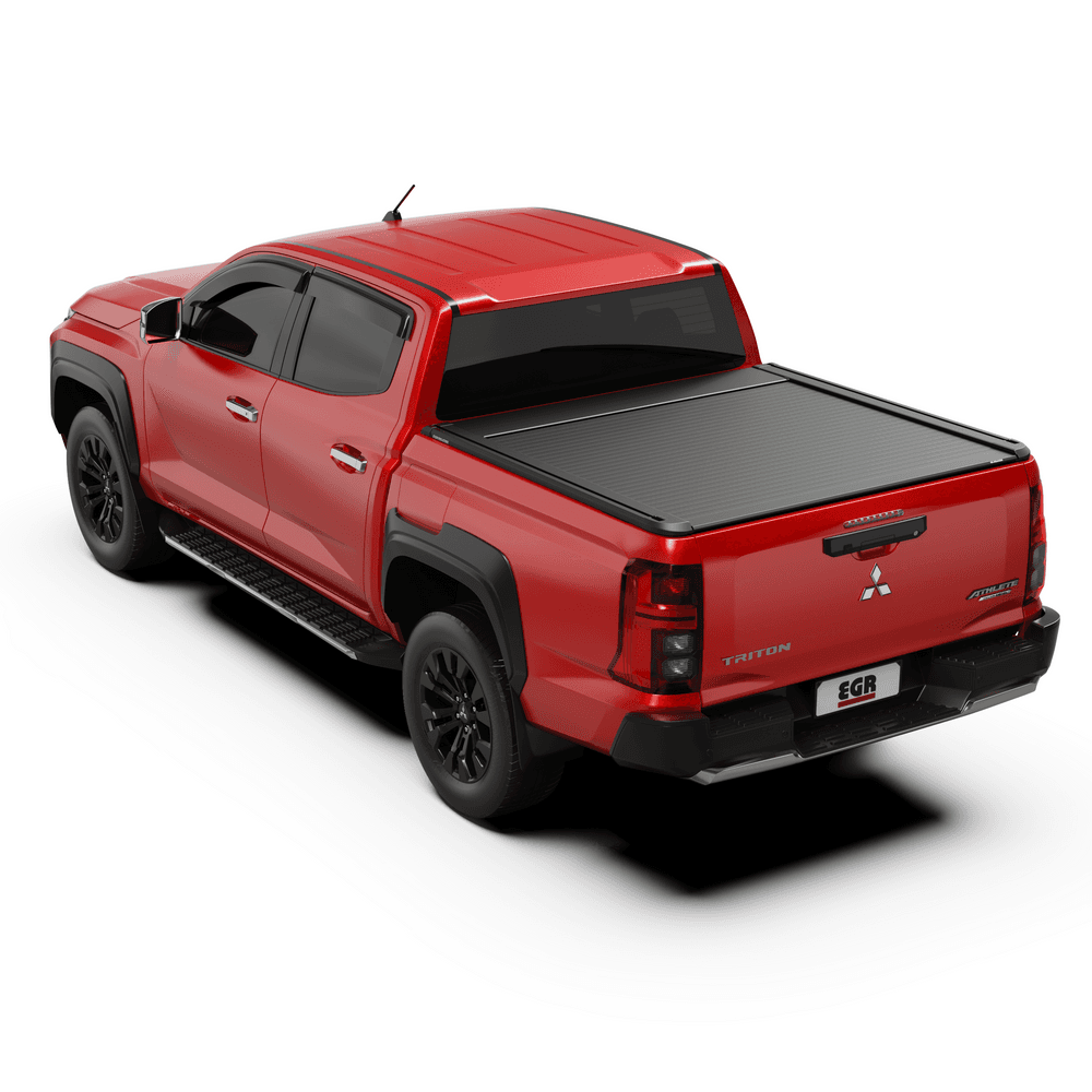 Side-rear angle of Mitsubishi Triton MQ/MR showcasing the closed EGR RollTrac Electric Cover.”