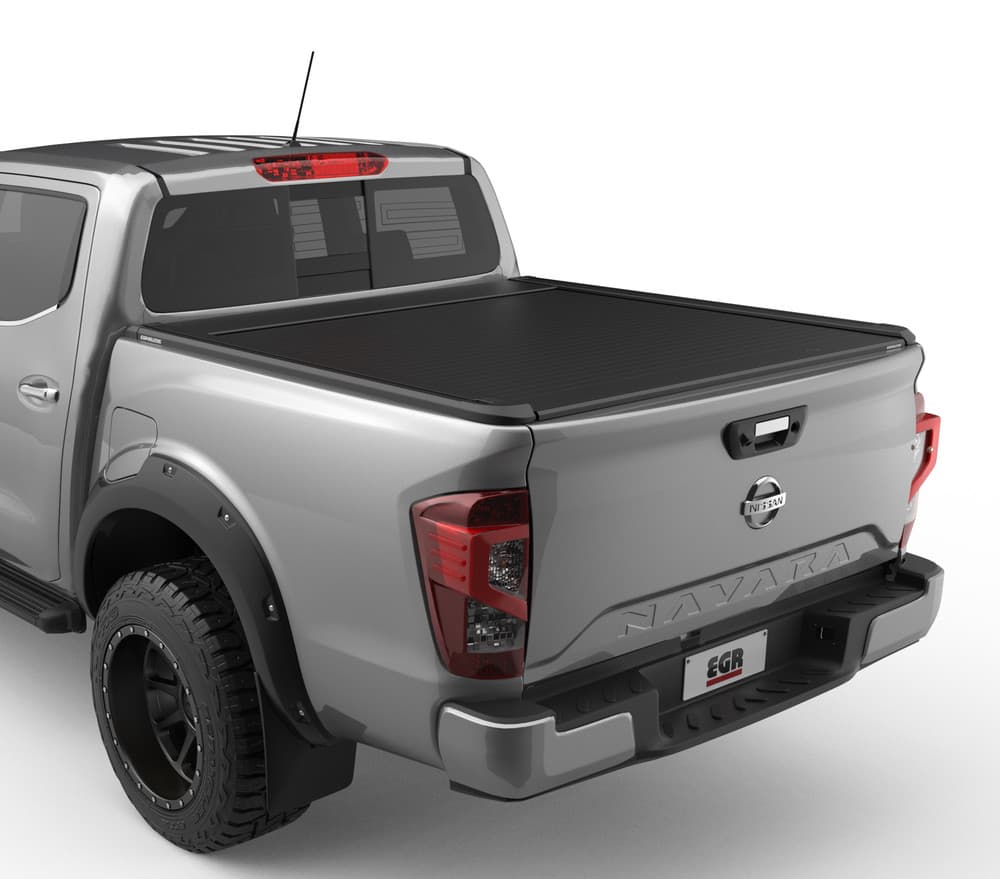 Rear three-quarter view of a Nissan Navara NP300 2015–2020 fitted with the EGR Auto RollTrac E3 Electric Roller Cover closed