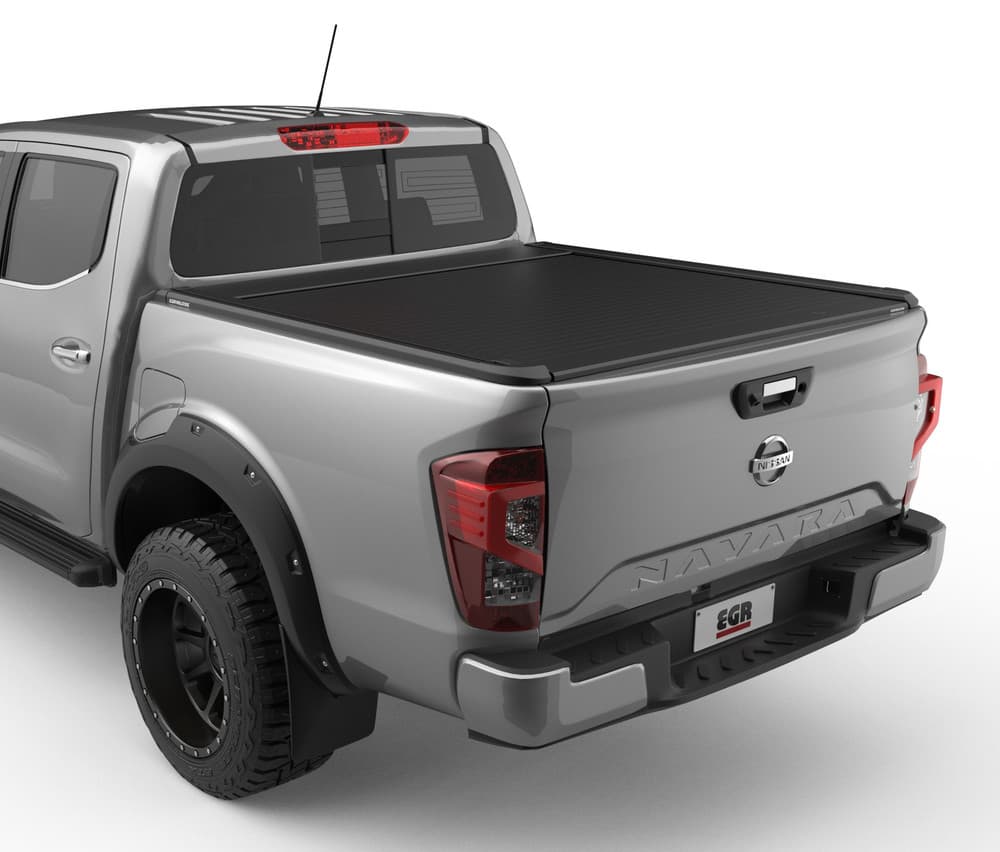 Rear three-quarter view of a Nissan Navara 2021 fitted with the EGR Auto RollTrac Electric E3 Roller Cover closed