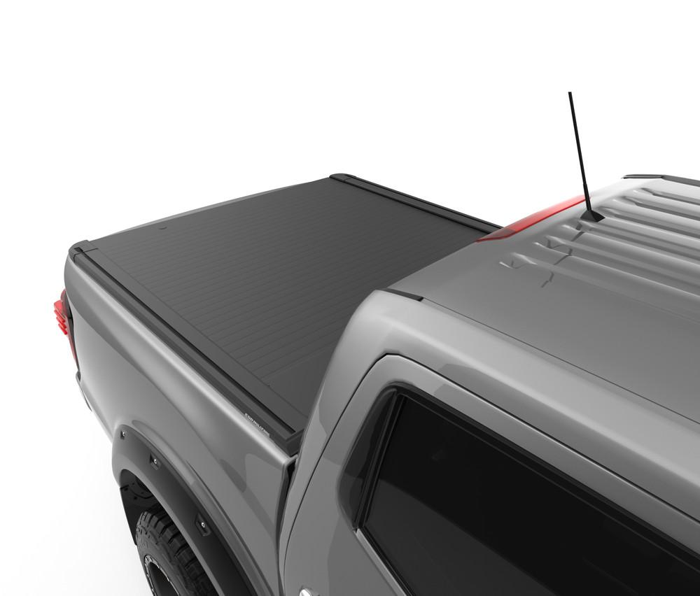 Close-up top view of the EGR Auto RollTrac Electric E3 Cover on a Nissan Navara 2021, showing the low-profile black aluminium slats.