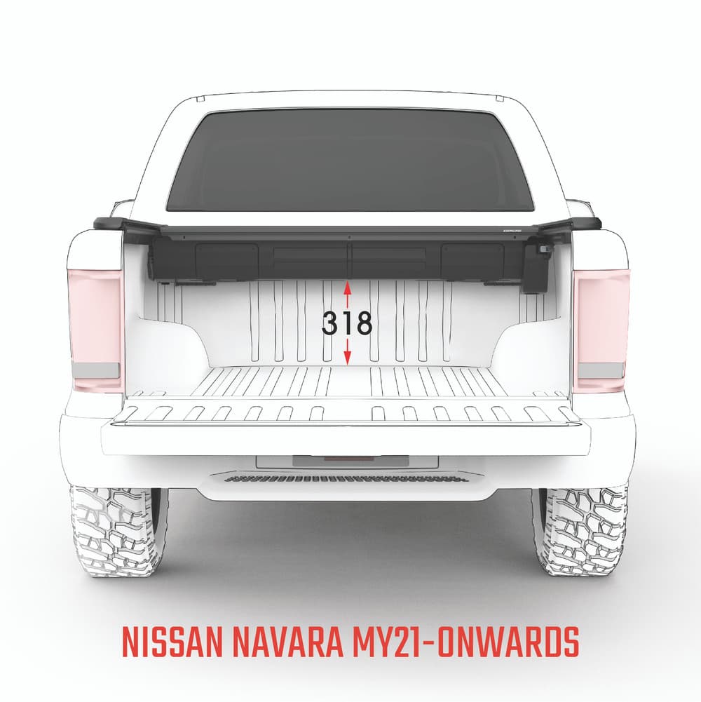 Straight rear view of a Nissan Navara 2021 with the EGR Auto RollTrac Electric E3 Roller Cover partially open