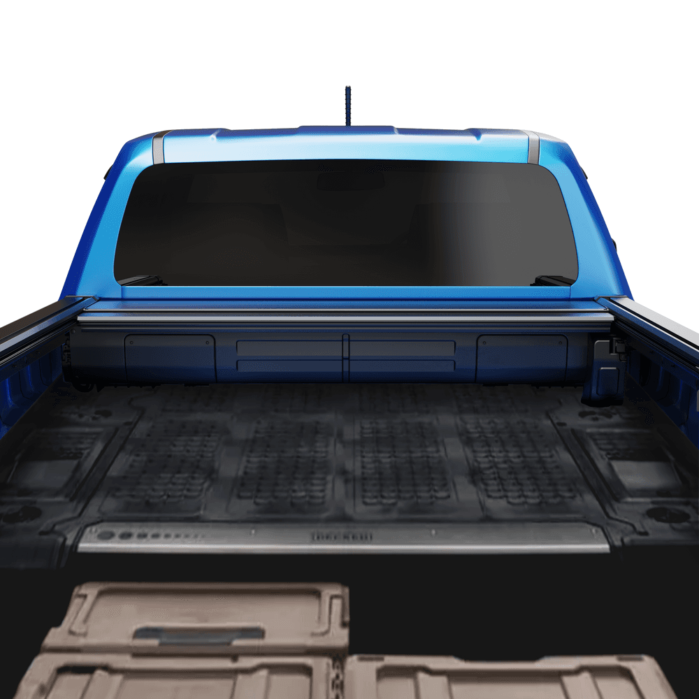 Toyota Hilux 2015-Onwards tub loaded with gear and the EGR Auto RollTrac Electric E3 cover open