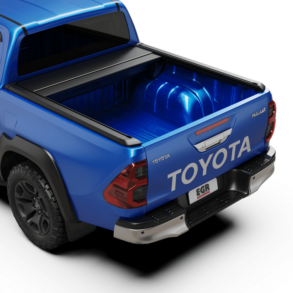 Toyota Hilux 2015-Onwards with the EGR Auto RollTrac Electric E3 fully opened, revealing tub access