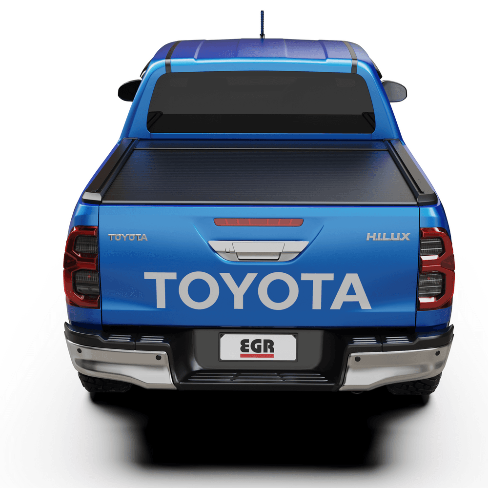 Straight rear view of a Toyota Hilux 2015-Onwards featuring the closed EGR Auto RollTrac Electric E3 Roller Cover