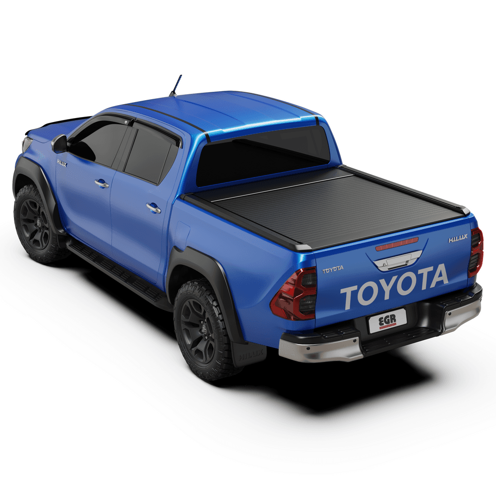 Side-rear angle of a Toyota Hilux 2015-Onwards equipped with the EGR Auto RollTrac Electric E3 tonneau cover