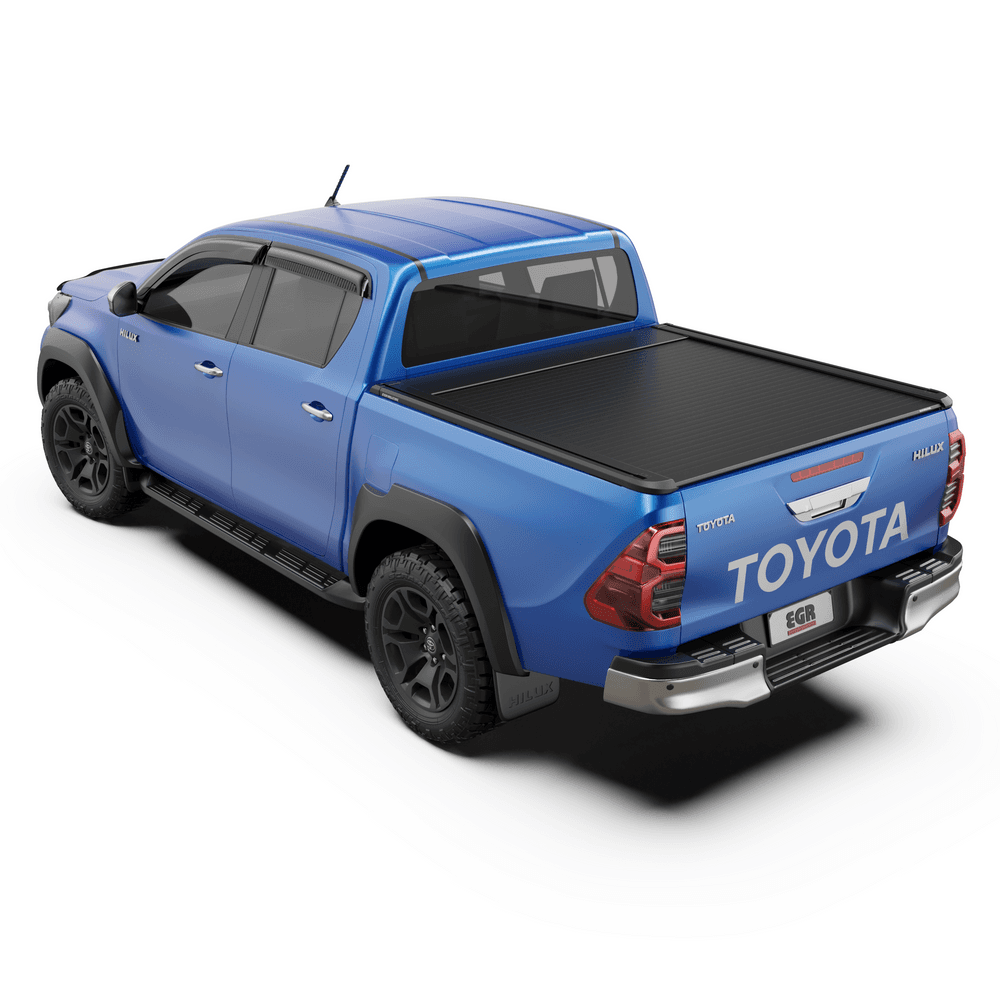 Side-rear angle of a Toyota Hilux 2015-Onwards equipped with the EGR Auto RollTrac Electric E3 tonneau cover