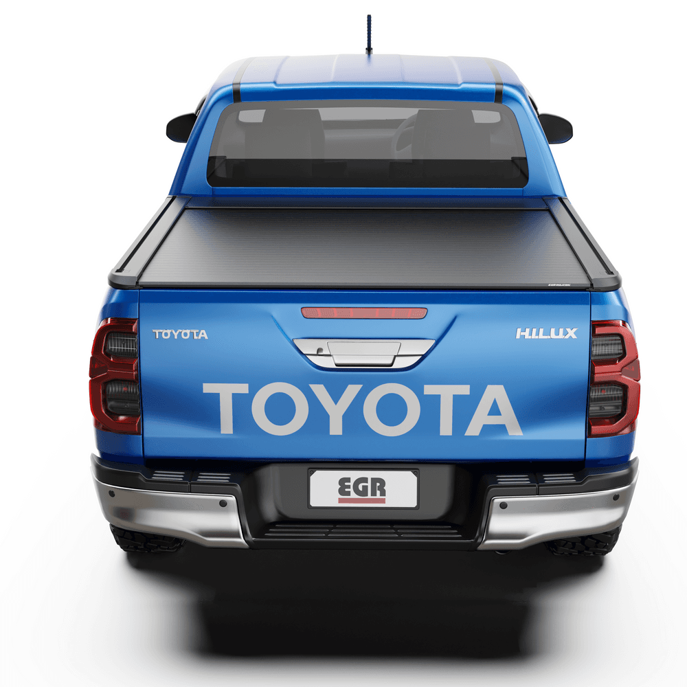 Straight rear view of a Toyota Hilux 2015-Onwards featuring the closed EGR Auto RollTrac Electric E3 Roller Cover