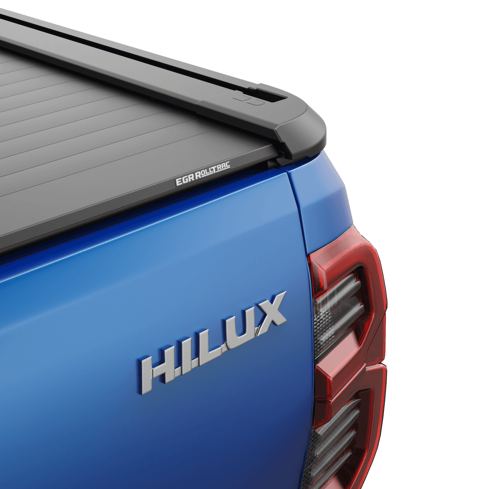 Close-up of the EGR Auto RollTrac Electric E3 aluminium slats and side rail detail on a Toyota Hilux 2015-Onwards