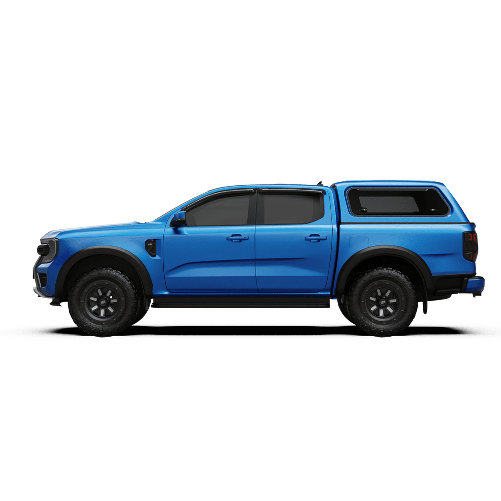 Full side profile of blue ute with EGR Core Canopy fitted