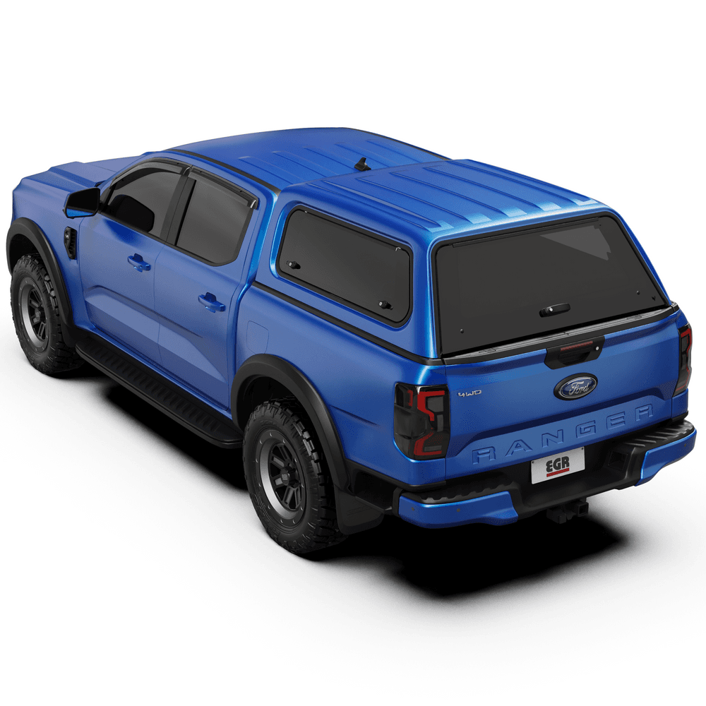 Rear side view of blue ute with EGR Core Canopy installed