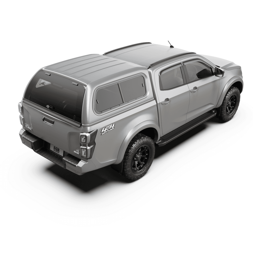 Rear view of EGR Premium Canopy on Isuzu D-Max displaying dual-lift rear window and locking system