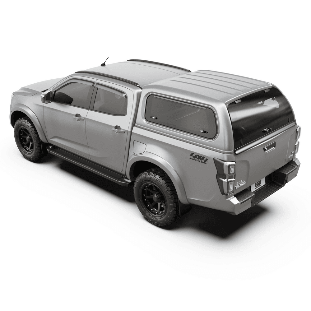 Rear three-quarter view of Isuzu D-Max Premium Canopy showing secure rear door and tinted glass