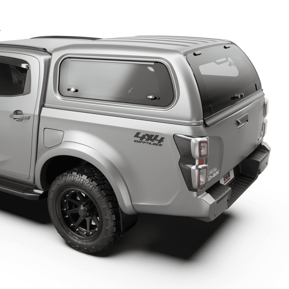 Angled front view of Isuzu D-Max with EGR Premium Canopy installed for secure cargo storage