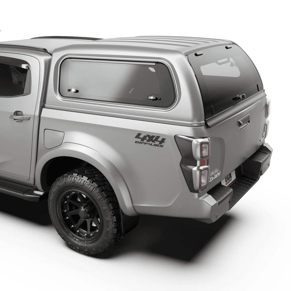 Angled front view of Isuzu D-Max with EGR Premium Canopy installed for secure cargo storage