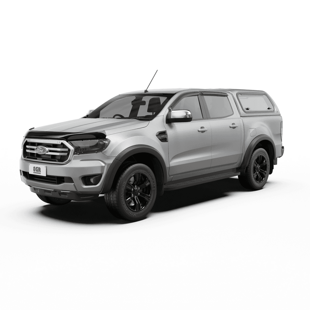 Front three-quarter view of Ford Ranger PX equipped with EGR Premium Canopy, displaying factory-style fit and aerodynamic canopy lines