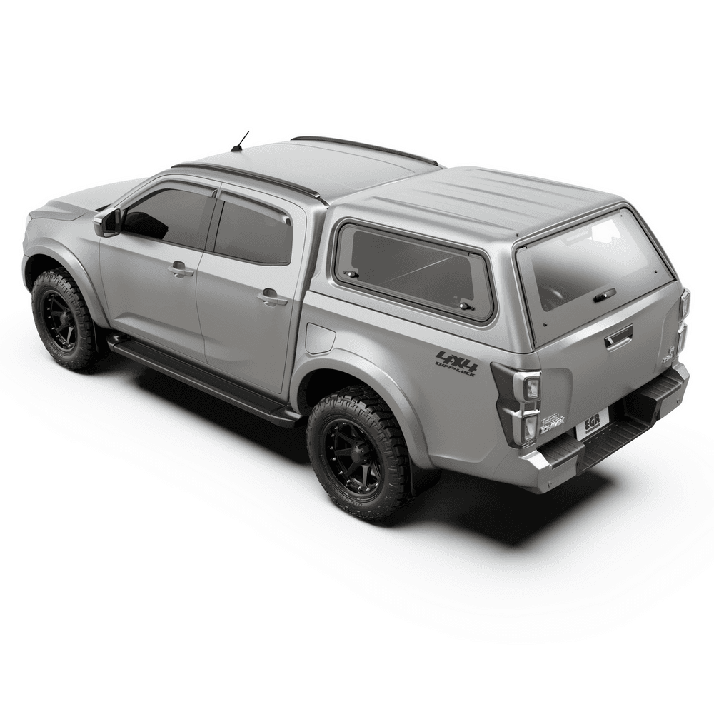 Isuzu D-Max dual cab with EGR Core Canopy showing smooth OEM-finish canopy design and lift-up side windows