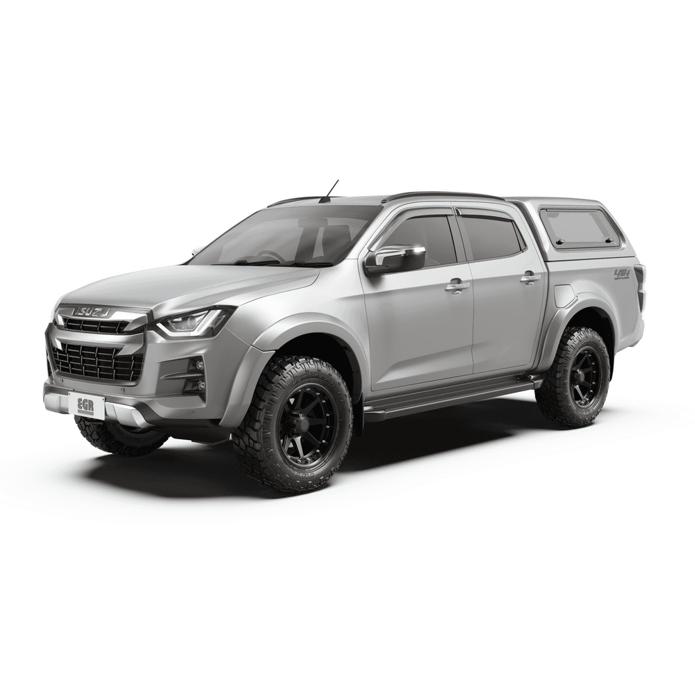 Front angle of Isuzu D-Max with EGR Core Canopy installed, featuring frameless windows and integrated canopy styling