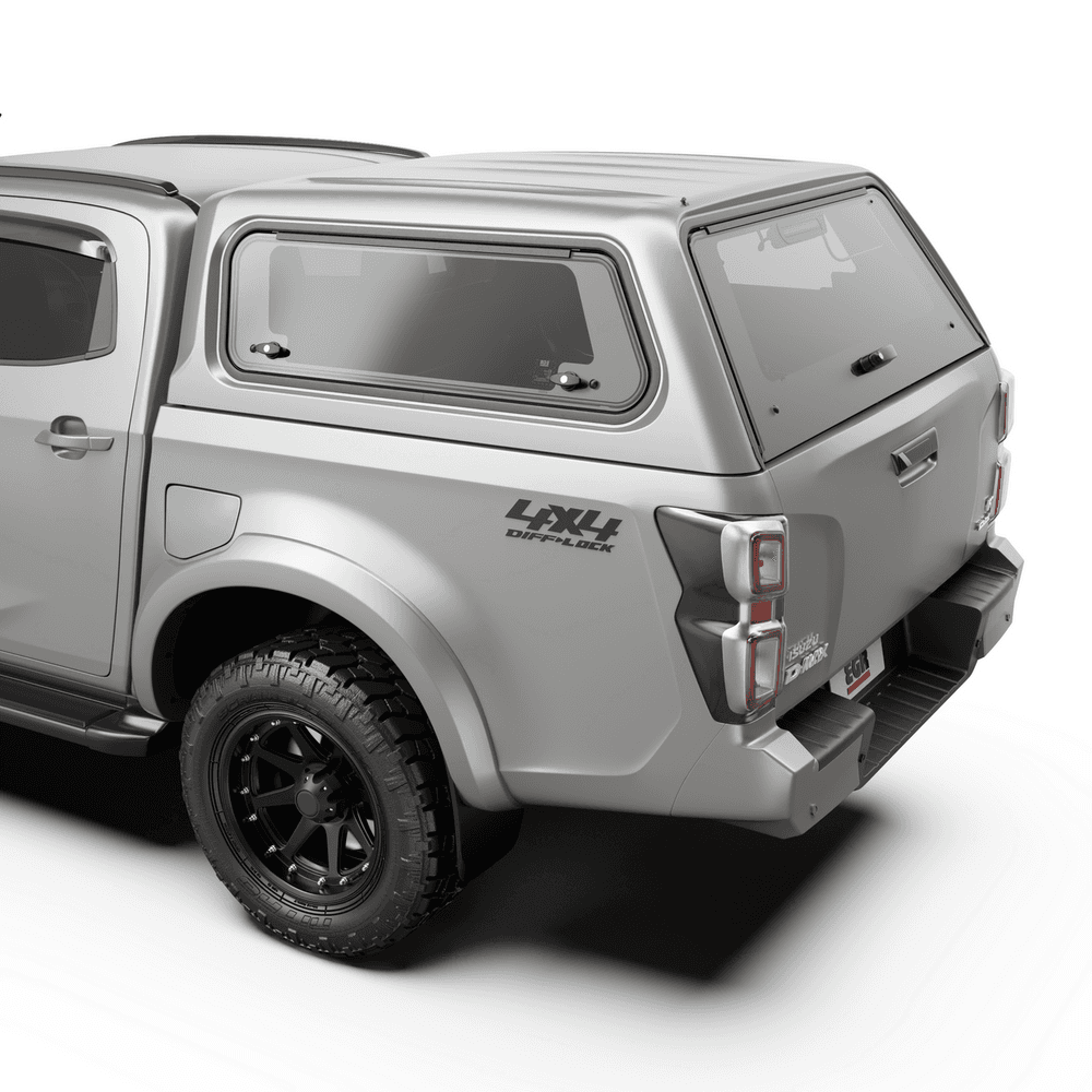 Close-up view of EGR Core Canopy on Isuzu D-Max showing smooth finish, tinted glass, and premium build quality