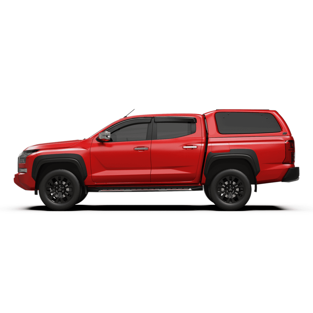 Full side profile of Mitsubishi Triton MV 2024 with EGR Gen3 canopy, demonstrating sleek canopy integration and weather-sealed tub protection