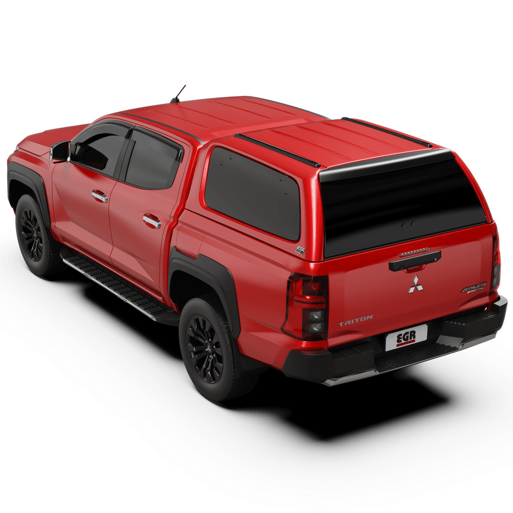 Side angle view of Mitsubishi Triton MV 2024 with EGR Gen3 canopy installed, highlighting smooth ABS construction and lift-up side windows
