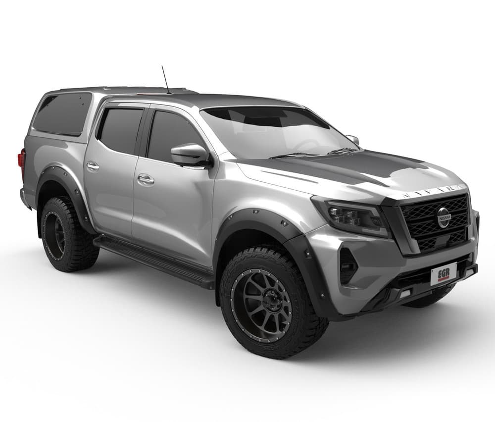 Front three-quarter view of Nissan Navara MY21 fitted with EGR GEN3 Canopy, highlighting UV-stable ABS finish and seamless bodyline match