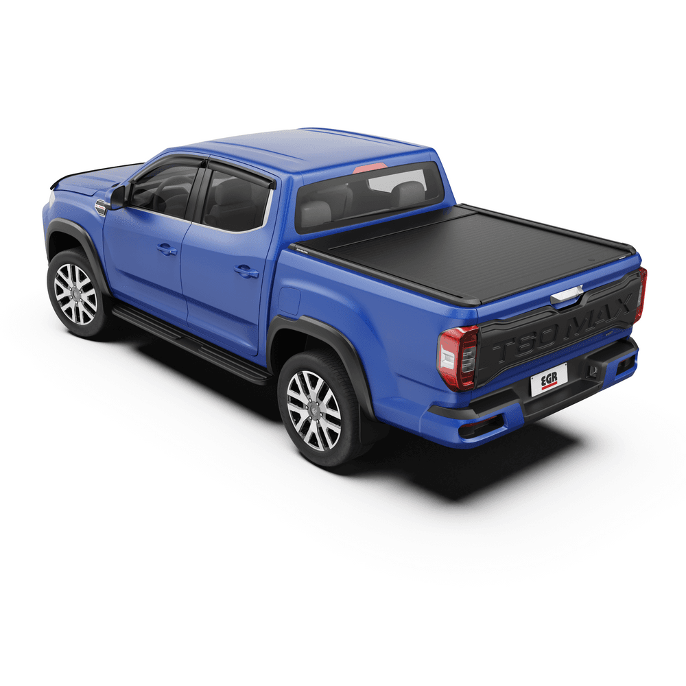 Side-rear three-quarter view of an LDV T60 2017-onwards fitted with the EGR Auto RollTrac Manual tonneau cover