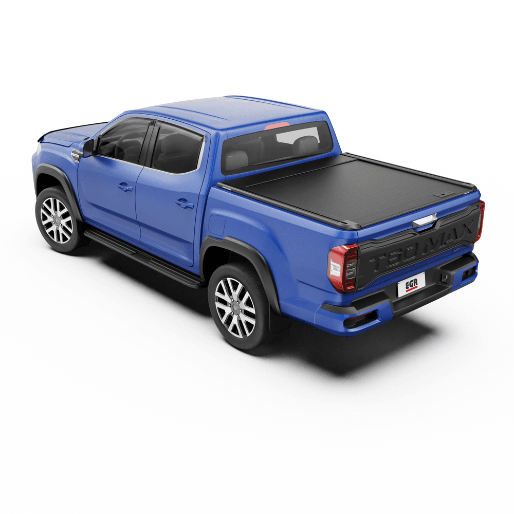Side-rear three-quarter view of an LDV T60 2017-onwards fitted with the EGR Auto RollTrac Manual tonneau cover