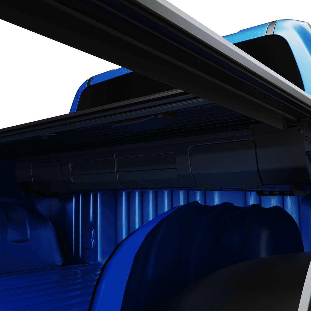 Interior tub view of a Toyota Hilux 2015–2020 beneath the EGR Auto RollTrac Manual Roller Cover