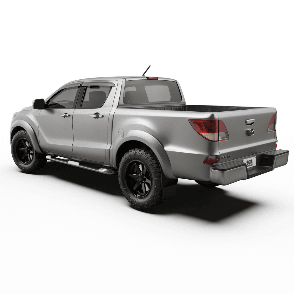Rear angle shot of Mazda BT-50 with EGR Fender Flares installed, highlighting increased mud and debris protection for off-road and daily use