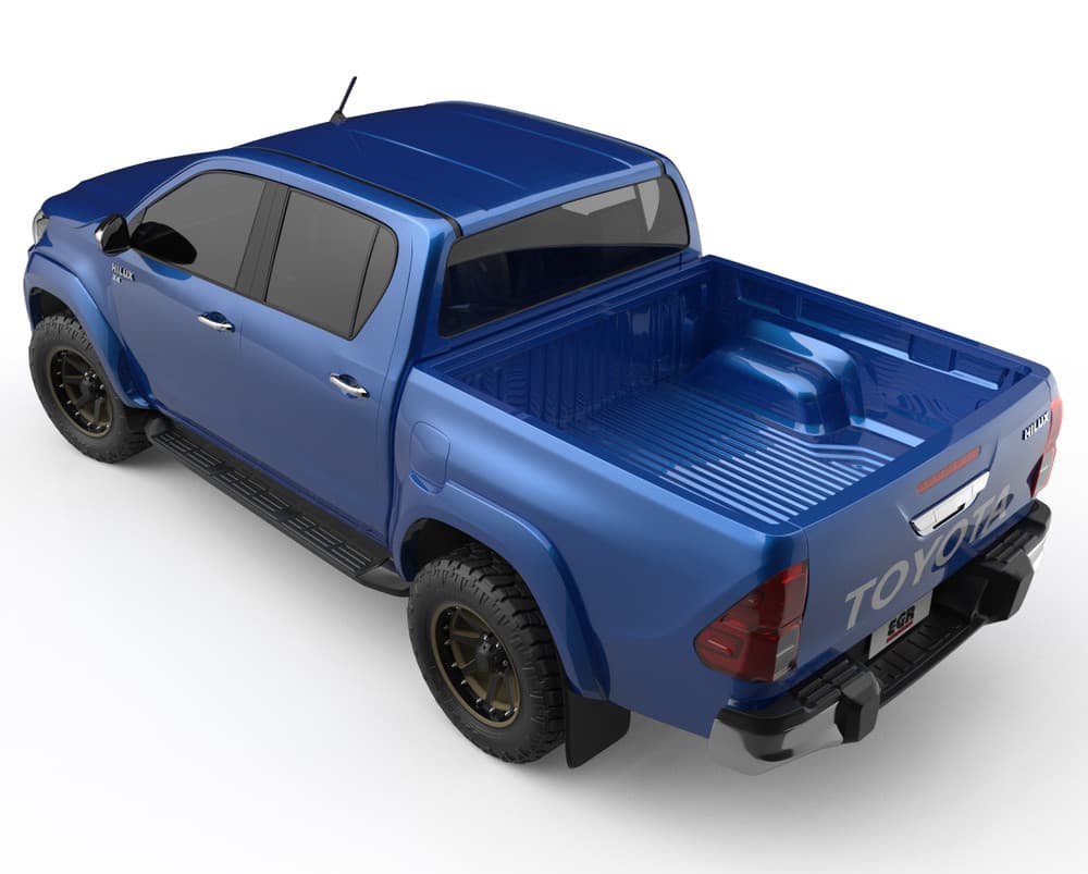 Rear three-quarter view of blue Toyota Hilux 2018–2020 featuring EGR rear fender flares for wider stance and protection