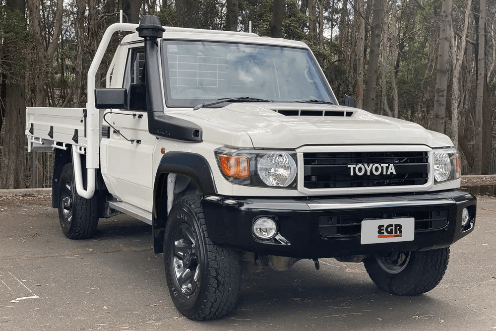 Toyota LandCruiser 70 Series Workmate Ute front angle featuring EGR Fender Flares designed for wider tyres and improved durability on rough terrain