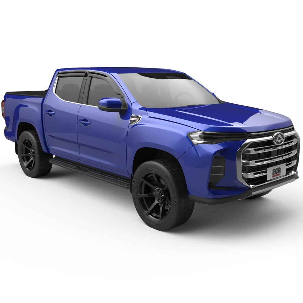 Front three-quarter view of blue LDV T60 featuring the EGR Load Shield, showing a sleek, rugged and functional tub cover upgrade