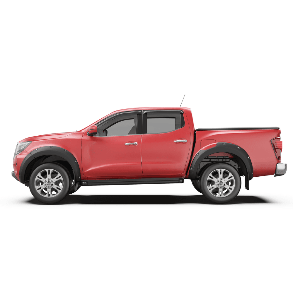 Side profile of a red Nissan Navara NP300 fitted with an EGR Load Shield in matte black