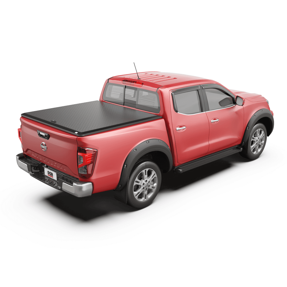 Rear angle of red Nissan Navara NP300 highlighting the heavy-duty EGR Load Shield tub protection