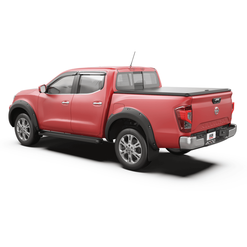 Rear three-quarter angle of a red Nissan Navara NP300 with the EGR Load Shield installed