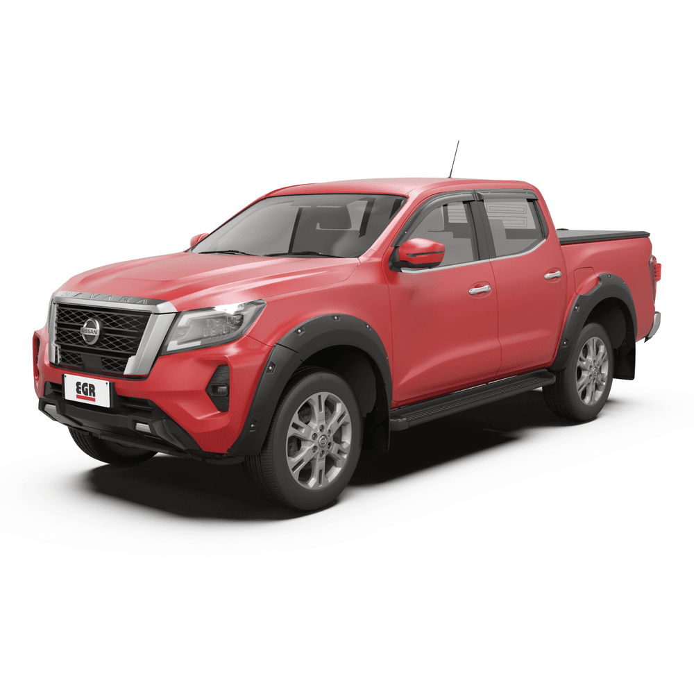 Front three-quarter view of a red Nissan Navara NP300 showcasing the EGR Load Shield tub cover