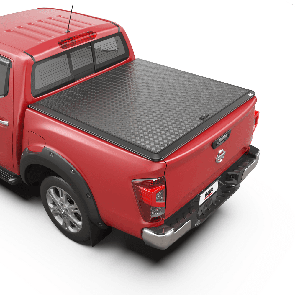 Back angle of Nissan Navara NP300 with EGR Load Shield tub cover in matte black powder-coat finish