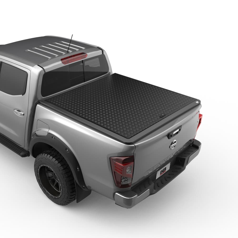 Nissan Navara MY21 fitted with EGR Load Shield showing matte-black aluminium checkerplate cover and secure tub protection – rear three-quarter angle