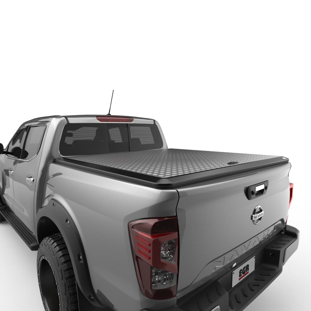 Rear angle of Nissan Navara MY21 equipped with EGR Load Shield, highlighting rugged alloy side rails and secure load-shield fitment