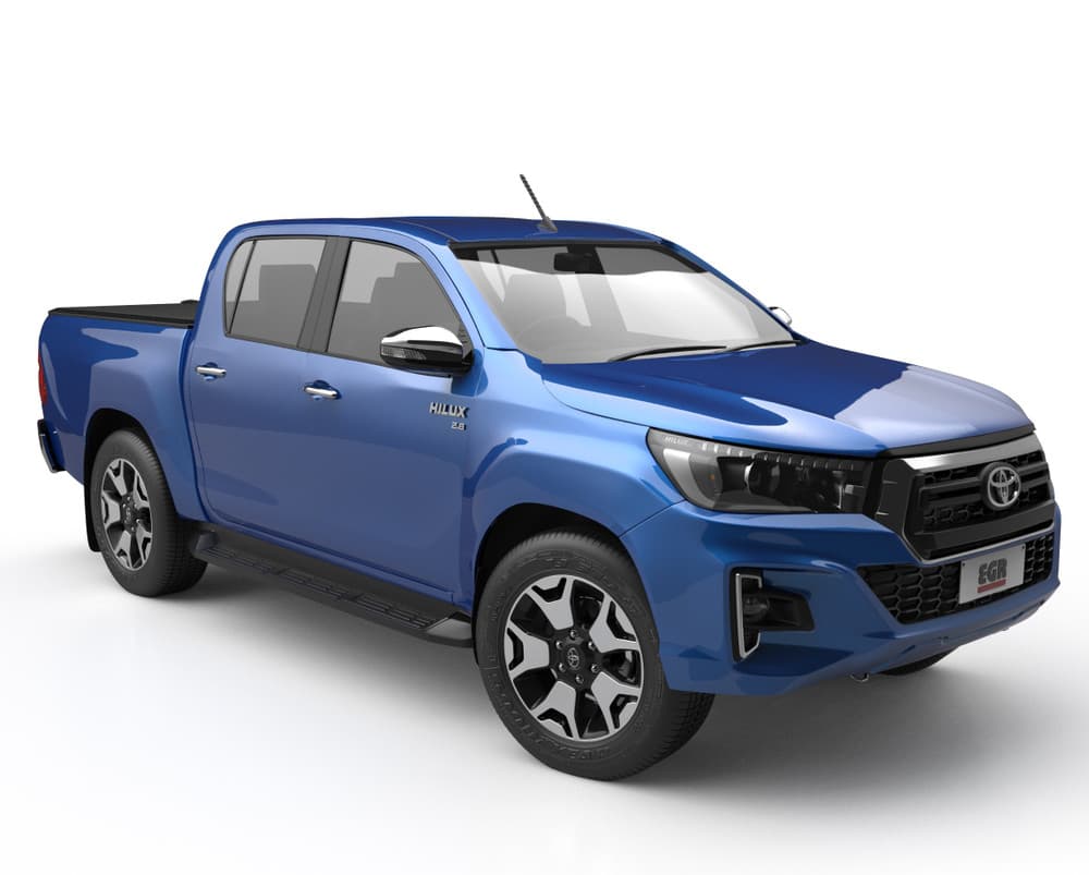 Toyota Hilux 2015 blue model fitted with EGR Load Shield – side and front perspective