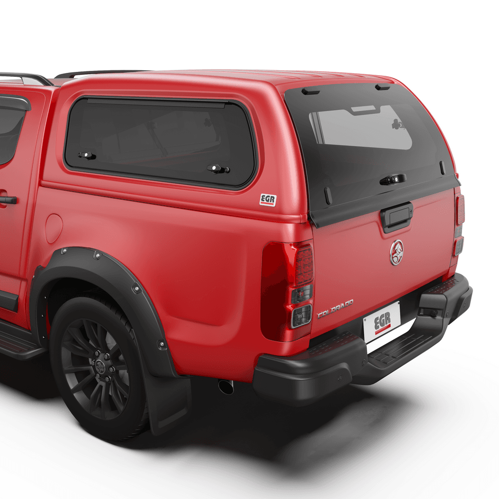 Close-up rear view of Holden Colorado RG with EGR Premium Canopy, featuring ergonomic rear handle and clean ABS finish