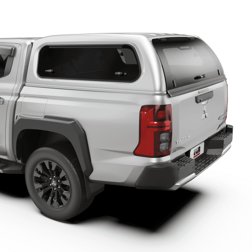 Close-up rear view of Mitsubishi Triton MQ/MR with EGR Premium Canopy, featuring lockable rear window and clean ABS finish