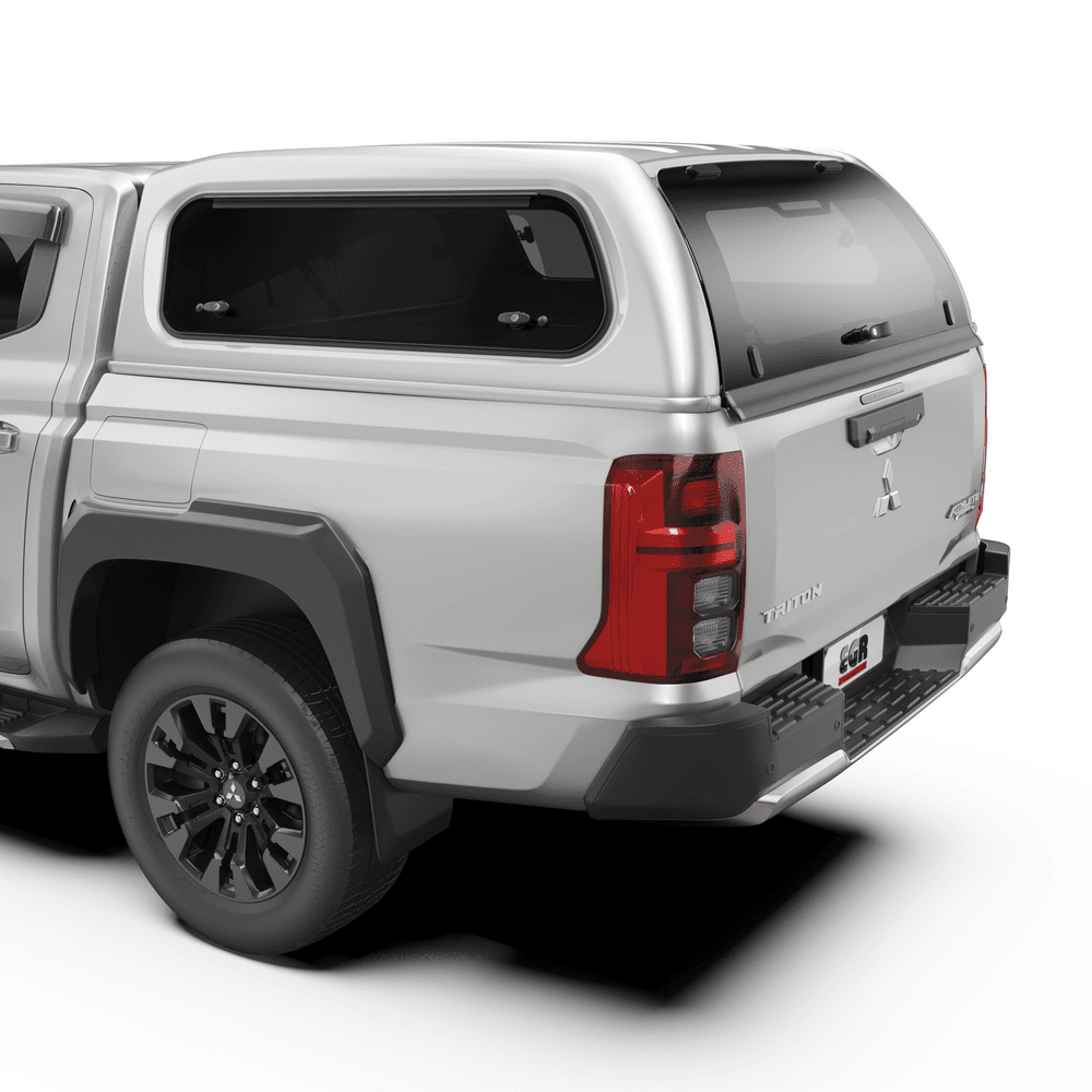 Close-up rear view of Mitsubishi Triton MQ/MR with EGR Premium Canopy, featuring lockable rear window and clean ABS finish