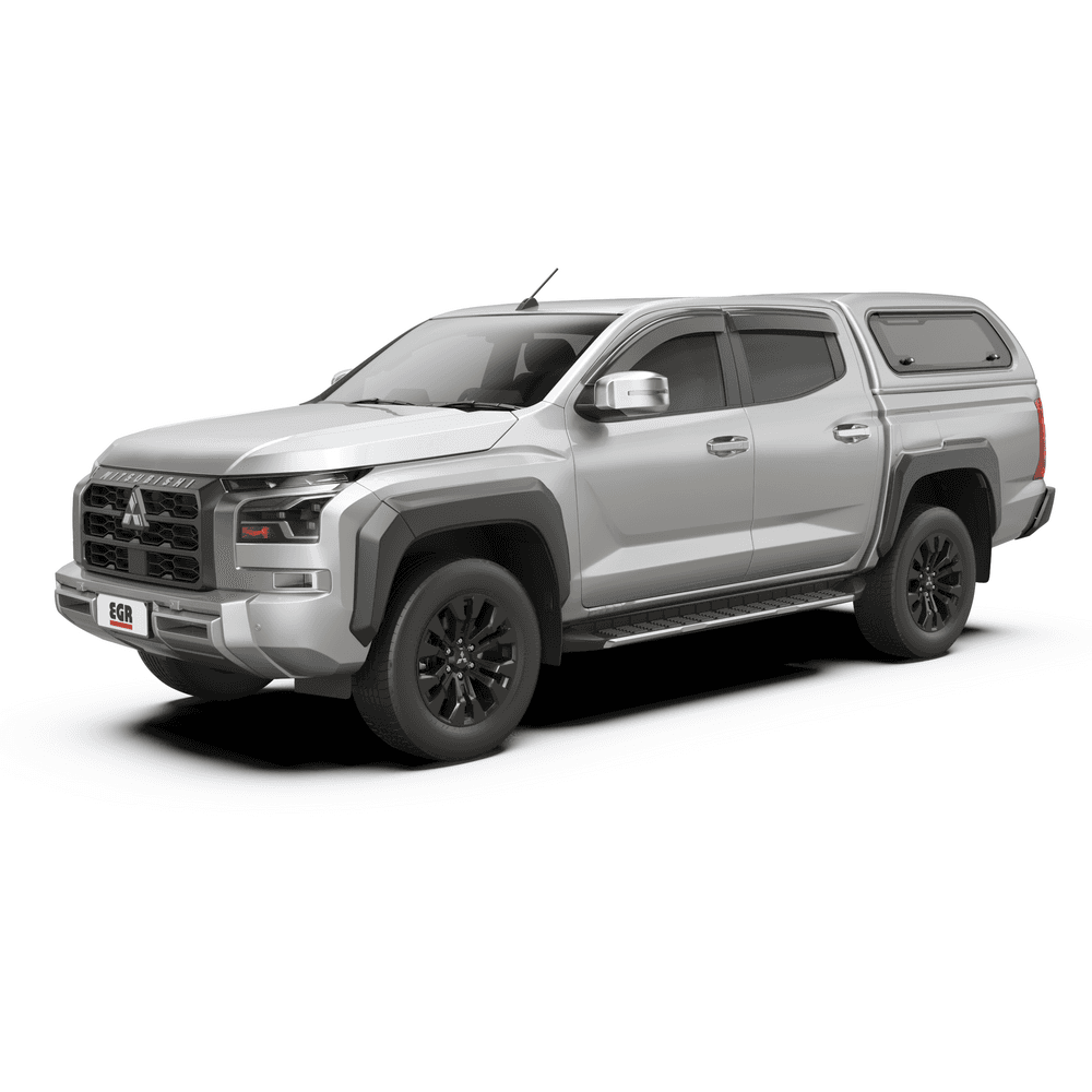 Front three-quarter view of Mitsubishi Triton MQ/MR equipped with EGR Premium Canopy, emphasizing sleek OEM-style canopy fitment