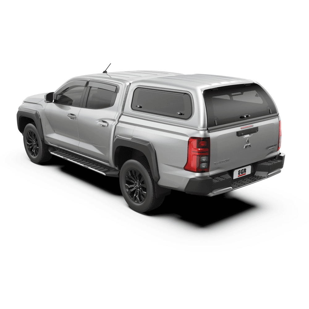 Mitsubishi Triton MQ/MR with EGR Premium Canopy in silver, rear three-quarter angle showing frameless rear window and secure design