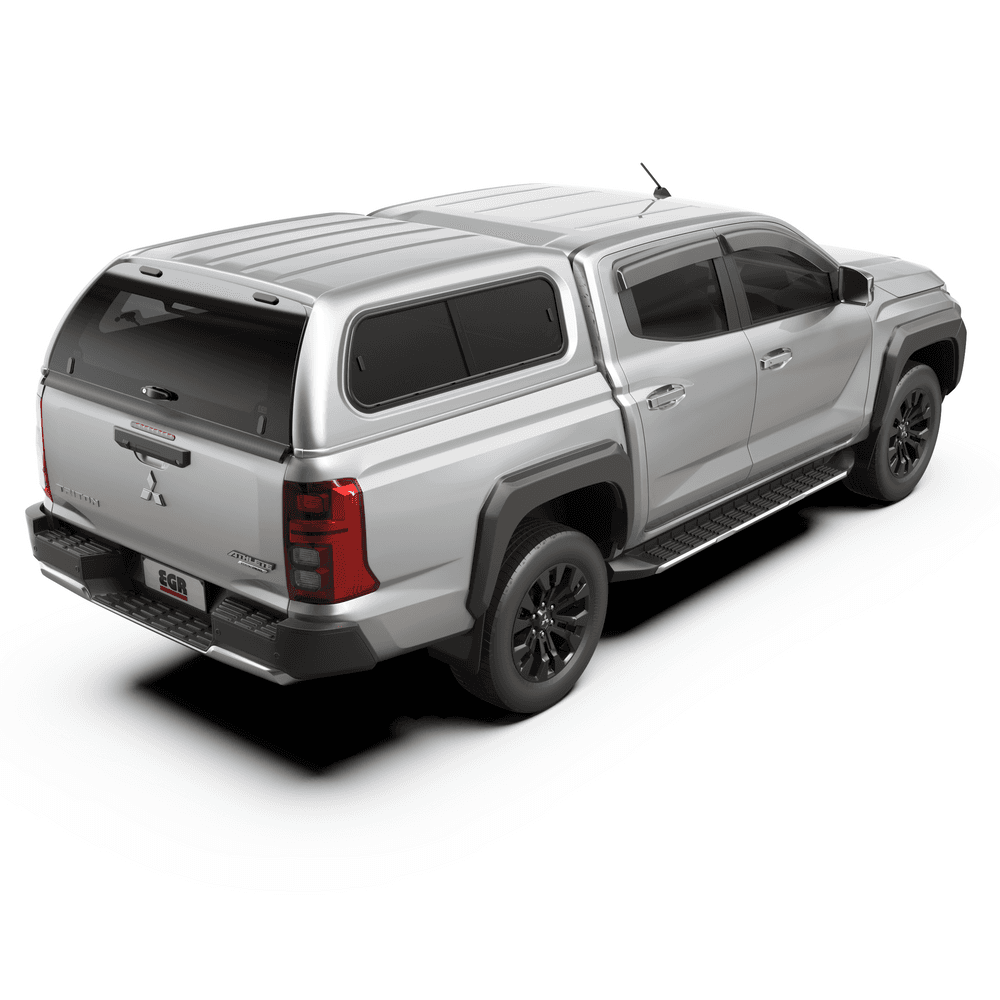 EGR Premium Canopy on Mitsubishi Triton MQ/MR, elevated rear angle showcasing tinted windows and aerodynamic canopy styling