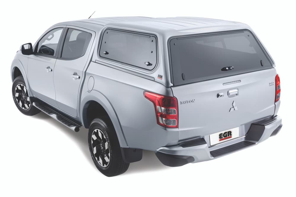 Mitsubishi Triton MQ/MR with EGR Premium Canopy in silver, rear three-quarter angle showing frameless rear window and secure design