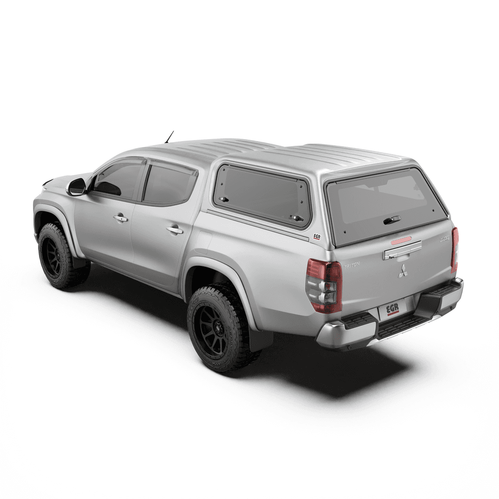 Mitsubishi Triton MQ/MR with EGR Premium Canopy in silver, rear three-quarter angle showing frameless rear window and secure design